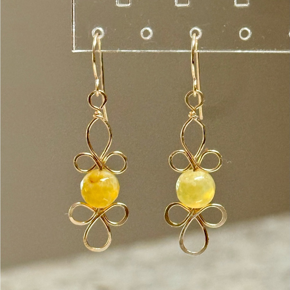 Fire Agate Floral Gold Motif Dangle Earrings - Picture 2 of 6